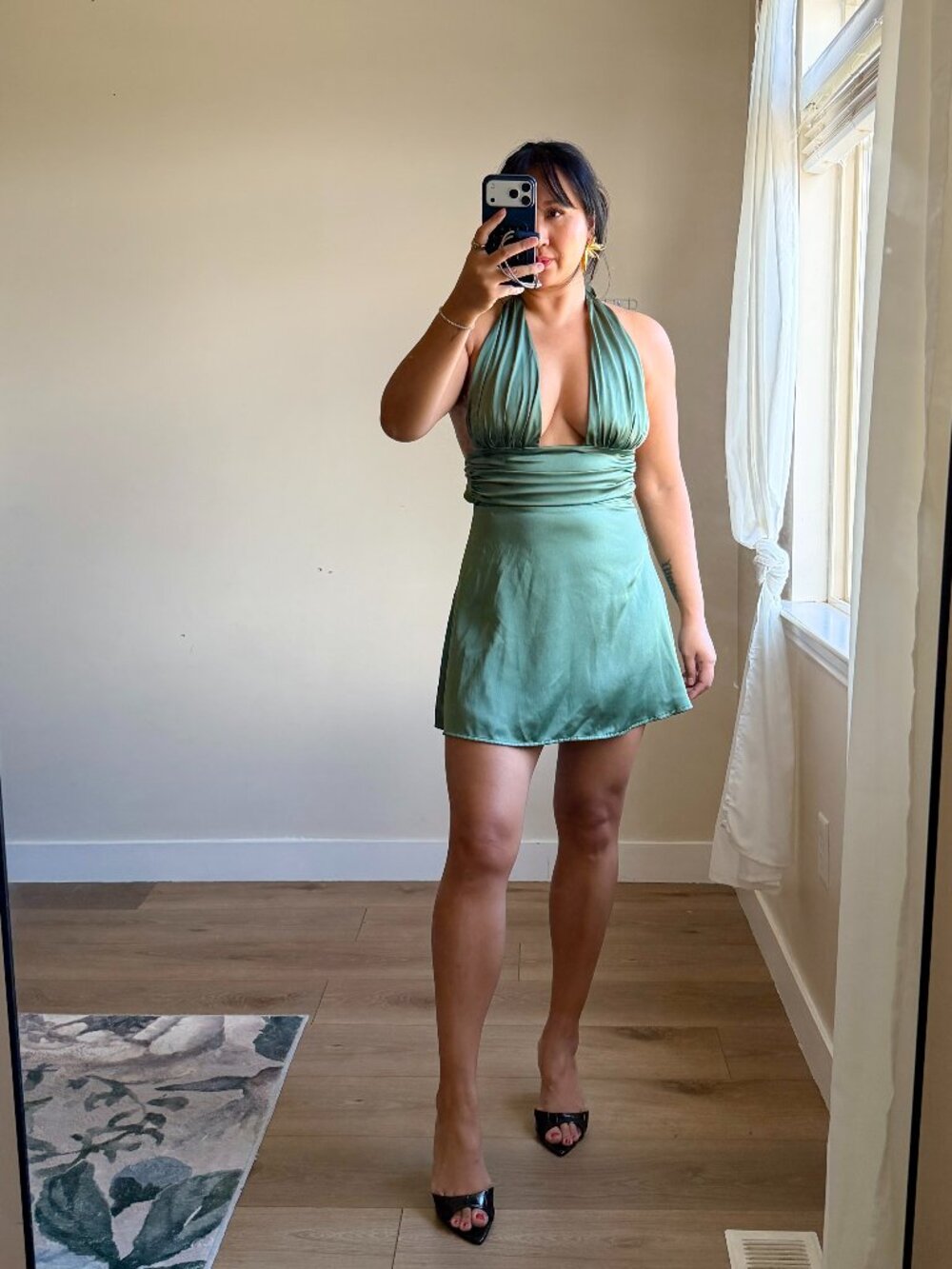 Sage Green Satin Halter Mini Dress | Lucy In the Sky Style | Deep V Wrap Waist M